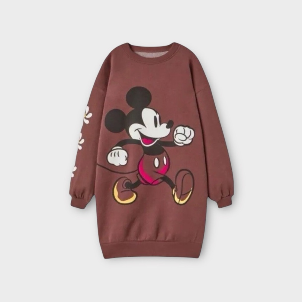 Zara x Disney Mickey Mouse Graphic Puff Sleeve Fleece Lined Tunic Sweater NWOT